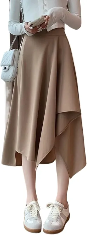 Women's Irregular Vintage Pleated Skirt,High Waist Midi Skirt for Spring to Winter