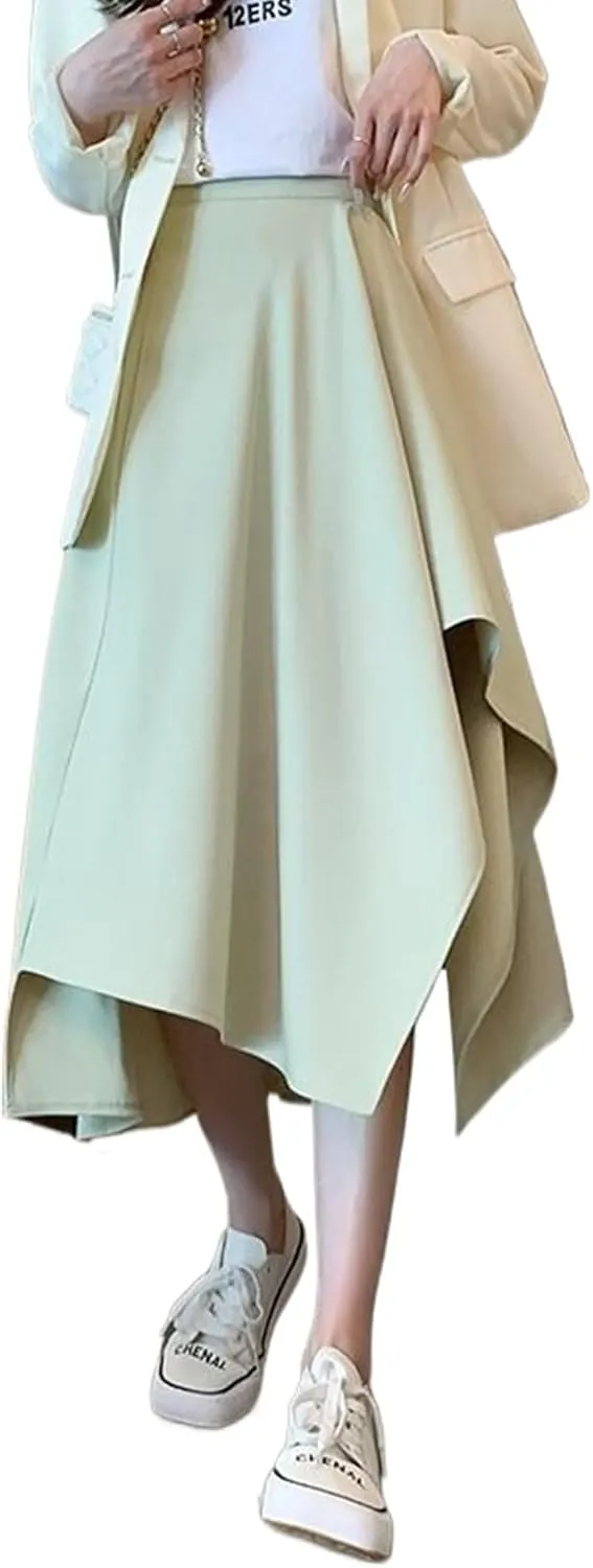 Women's Irregular Vintage Pleated Skirt,High Waist Midi Skirt for Spring to Winter