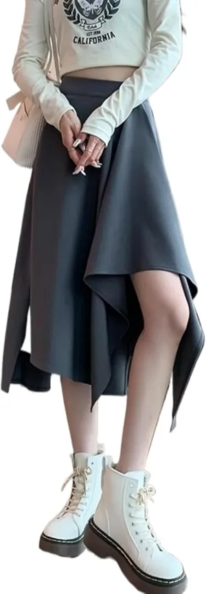 Women's Irregular Vintage Pleated Skirt,High Waist Midi Skirt for Spring to Winter