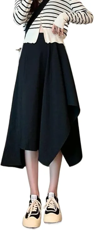 Women's Irregular Vintage Pleated Skirt,High Waist Midi Skirt for Spring to Winter