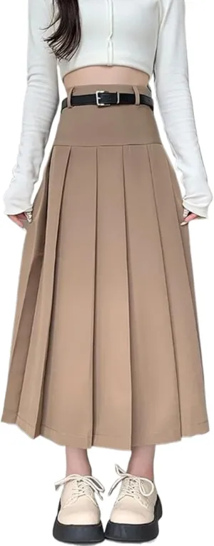 Women's Korean Style Pleated A-Line Midi Skirt,High Waist Fall and Winter Skirt