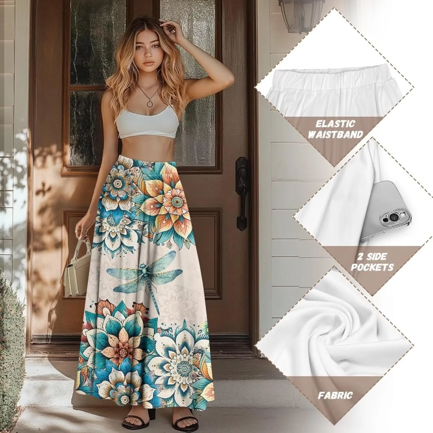 Women's Long Skirt High Waisted Casual Stretch Flowy Swing Skirts with Pockets Floral Skirt for Party Festival