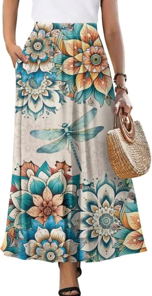 Women's Long Skirt High Waisted Casual Stretch Flowy Swing Skirts with Pockets Floral Skirt for Party Festival