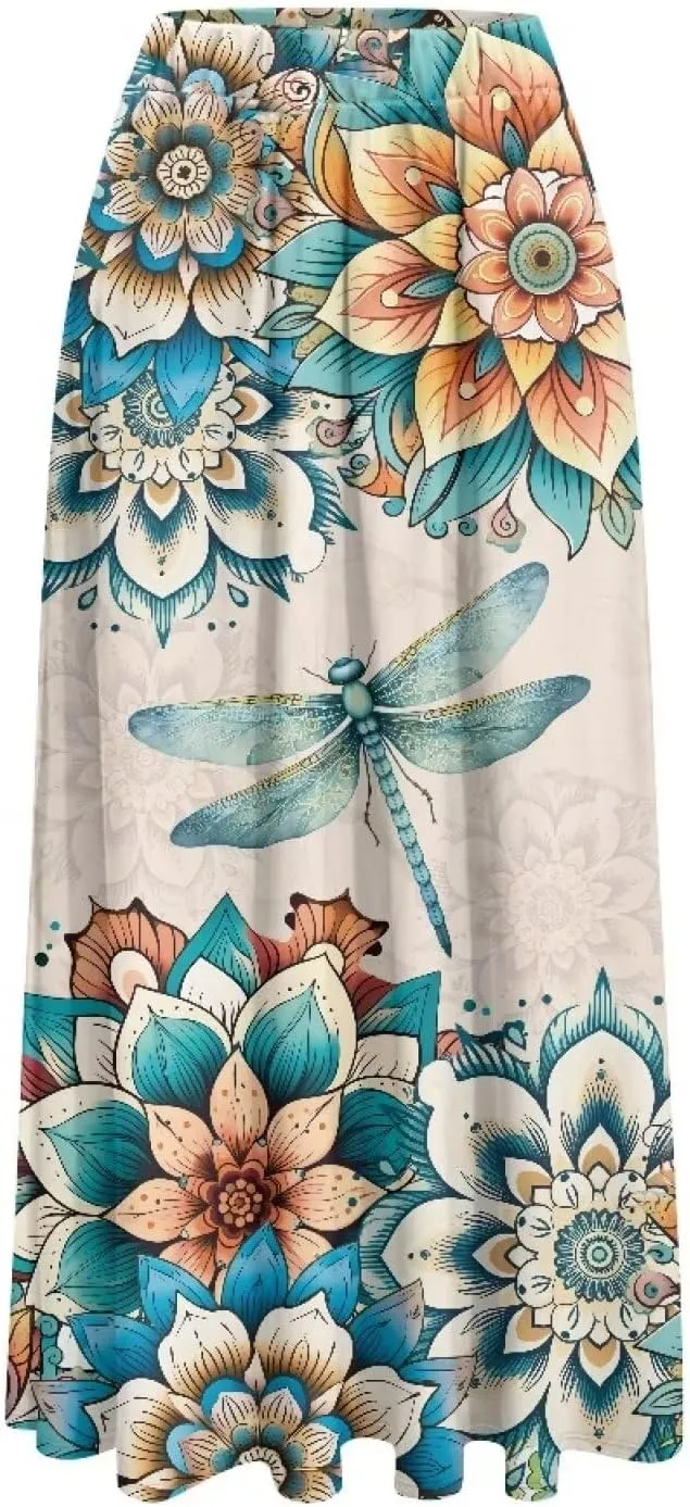 Women's Long Skirt High Waisted Casual Stretch Flowy Swing Skirts with Pockets Floral Skirt for Party Festival