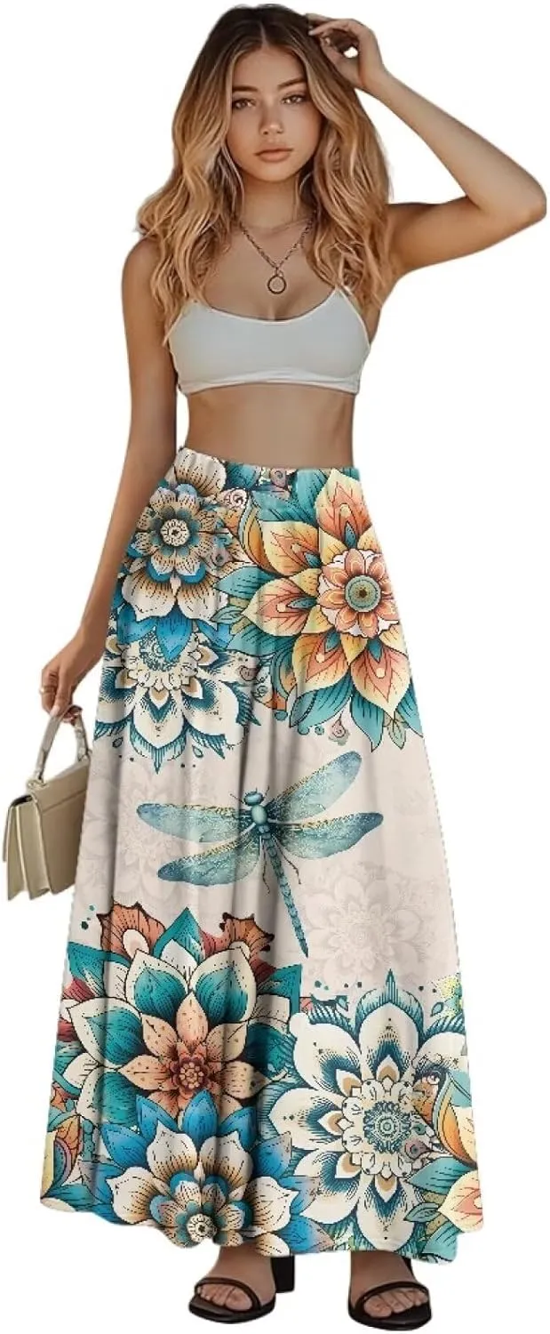 Women's Long Skirt High Waisted Casual Stretch Flowy Swing Skirts with Pockets Floral Skirt for Party Festival