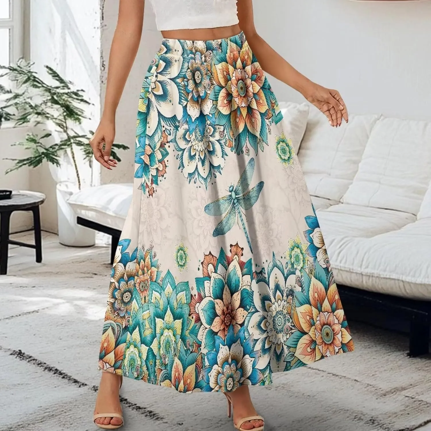 Women's Long Skirt High Waisted Casual Stretch Flowy Swing Skirts with Pockets Floral Skirt for Party Festival