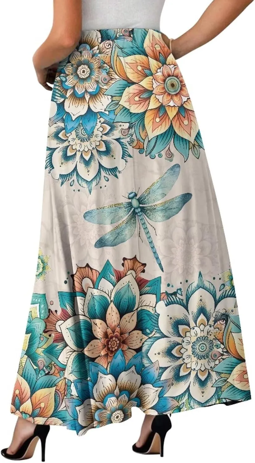Women's Long Skirt High Waisted Casual Stretch Flowy Swing Skirts with Pockets Floral Skirt for Party Festival