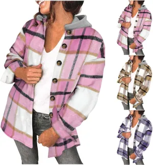 Womens Long Sleeve Button Down Plaid Shirts Casual Fall Fashion 2023 Flannel Shacket Hooded Jacket Hoodie Coats
