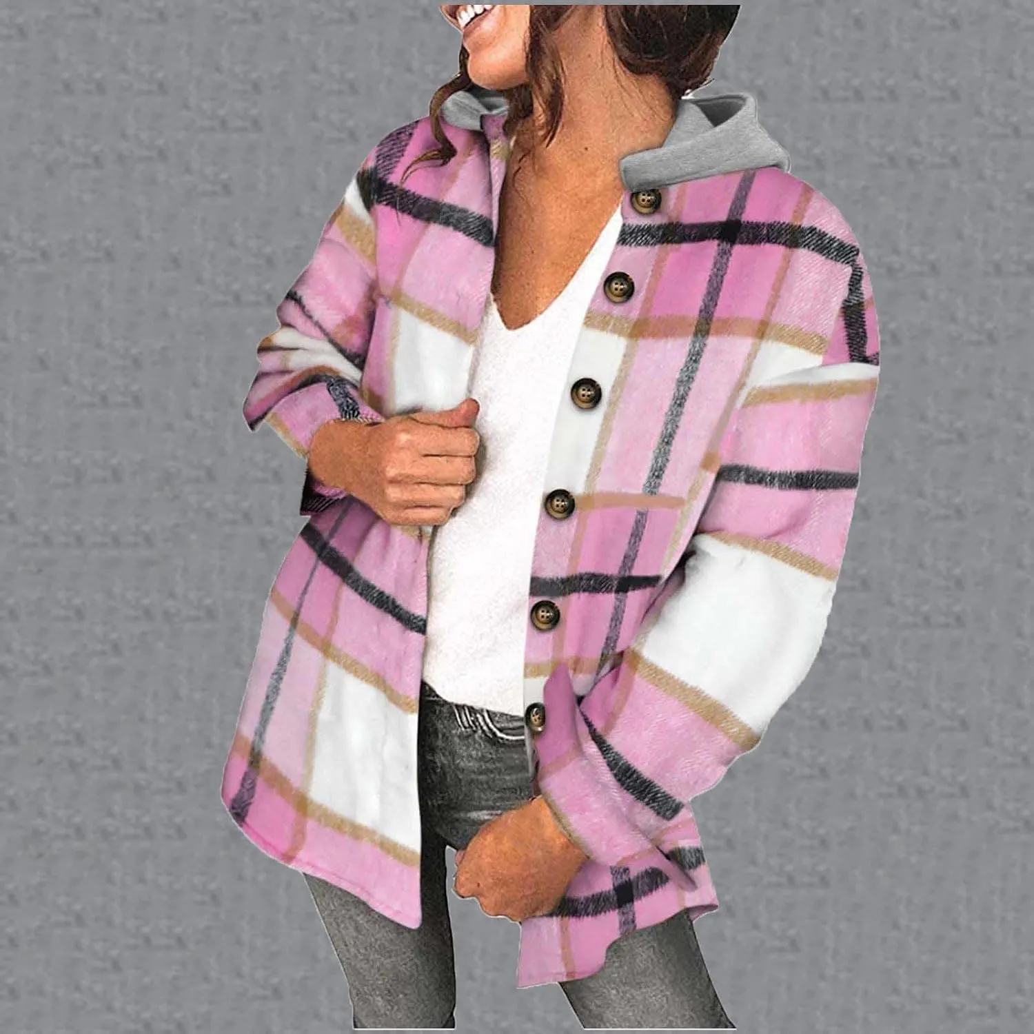 Womens Long Sleeve Button Down Plaid Shirts Casual Fall Fashion 2023 Flannel Shacket Hooded Jacket Hoodie Coats