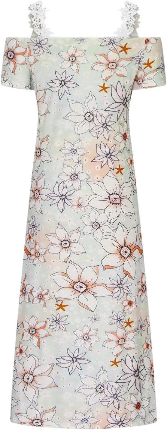 Womens Maxi Dress Lace Strap Sexy Sundresses V Neck Floral Dresses Cold Shoulder Short Sleeve Vacation Cami Dress
