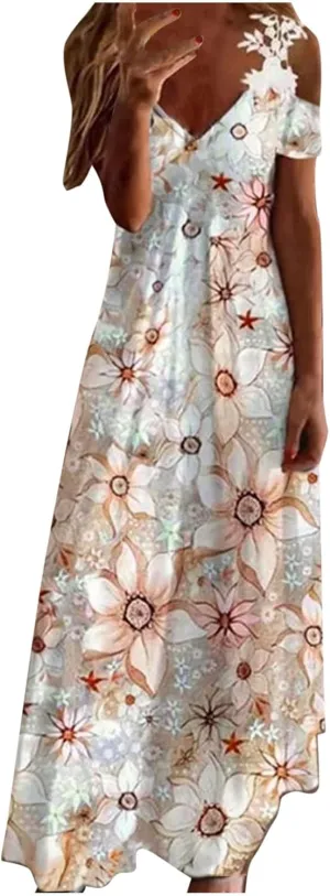 Womens Maxi Dress Lace Strap Sexy Sundresses V Neck Floral Dresses Cold Shoulder Short Sleeve Vacation Cami Dress
