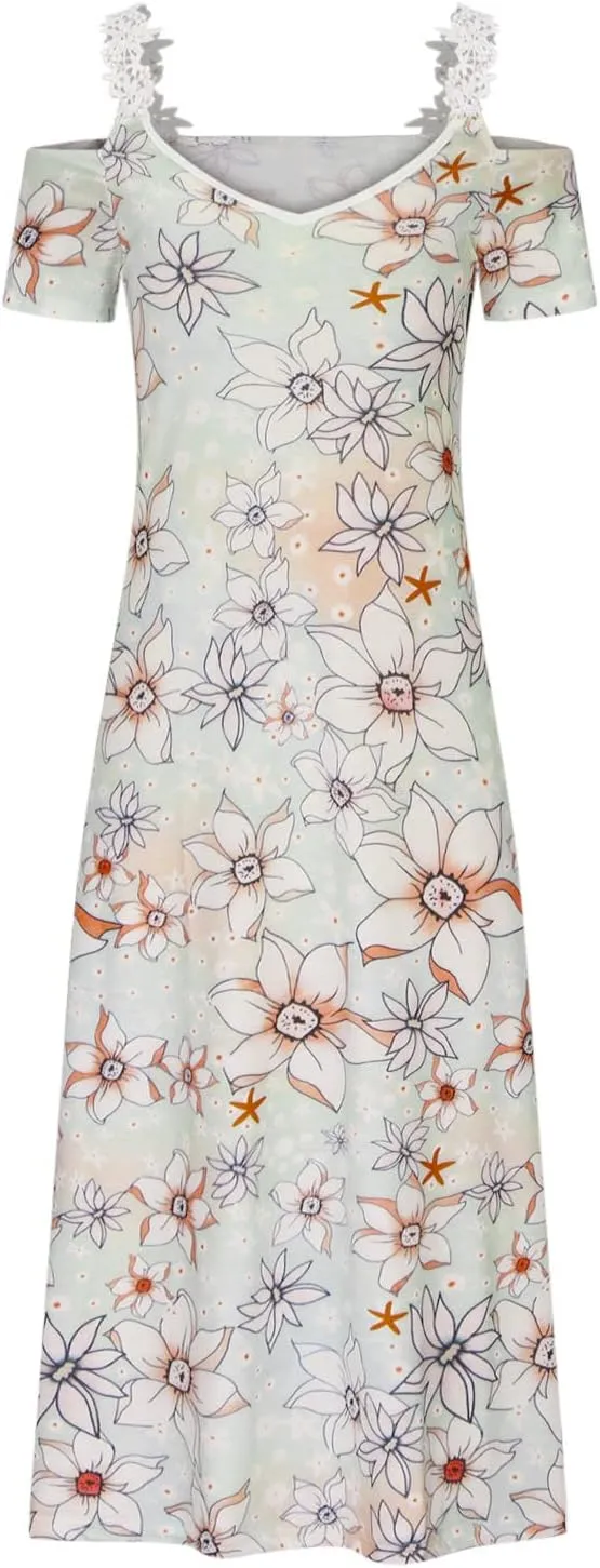 Womens Maxi Dress Lace Strap Sexy Sundresses V Neck Floral Dresses Cold Shoulder Short Sleeve Vacation Cami Dress