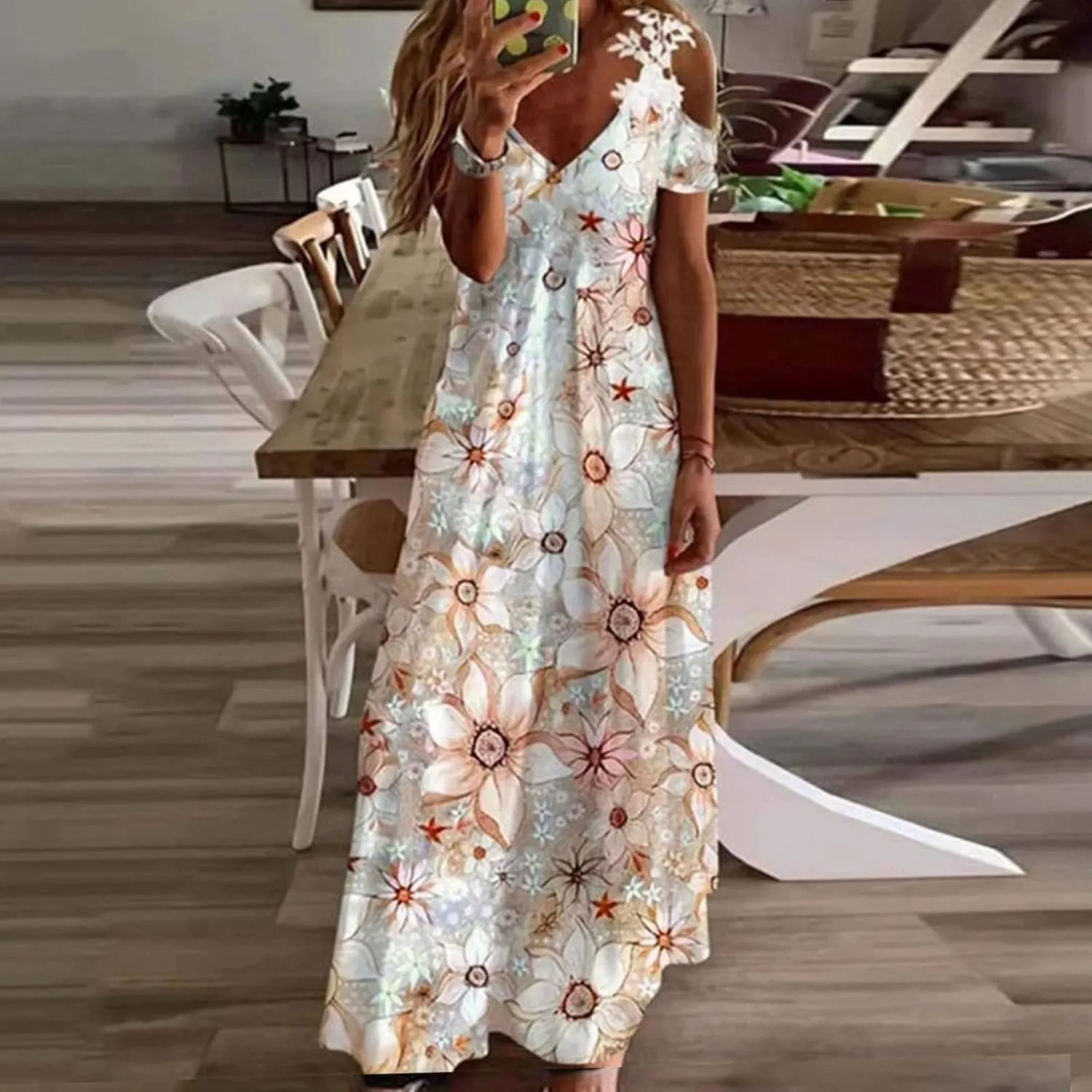 Womens Maxi Dress Lace Strap Sexy Sundresses V Neck Floral Dresses Cold Shoulder Short Sleeve Vacation Cami Dress