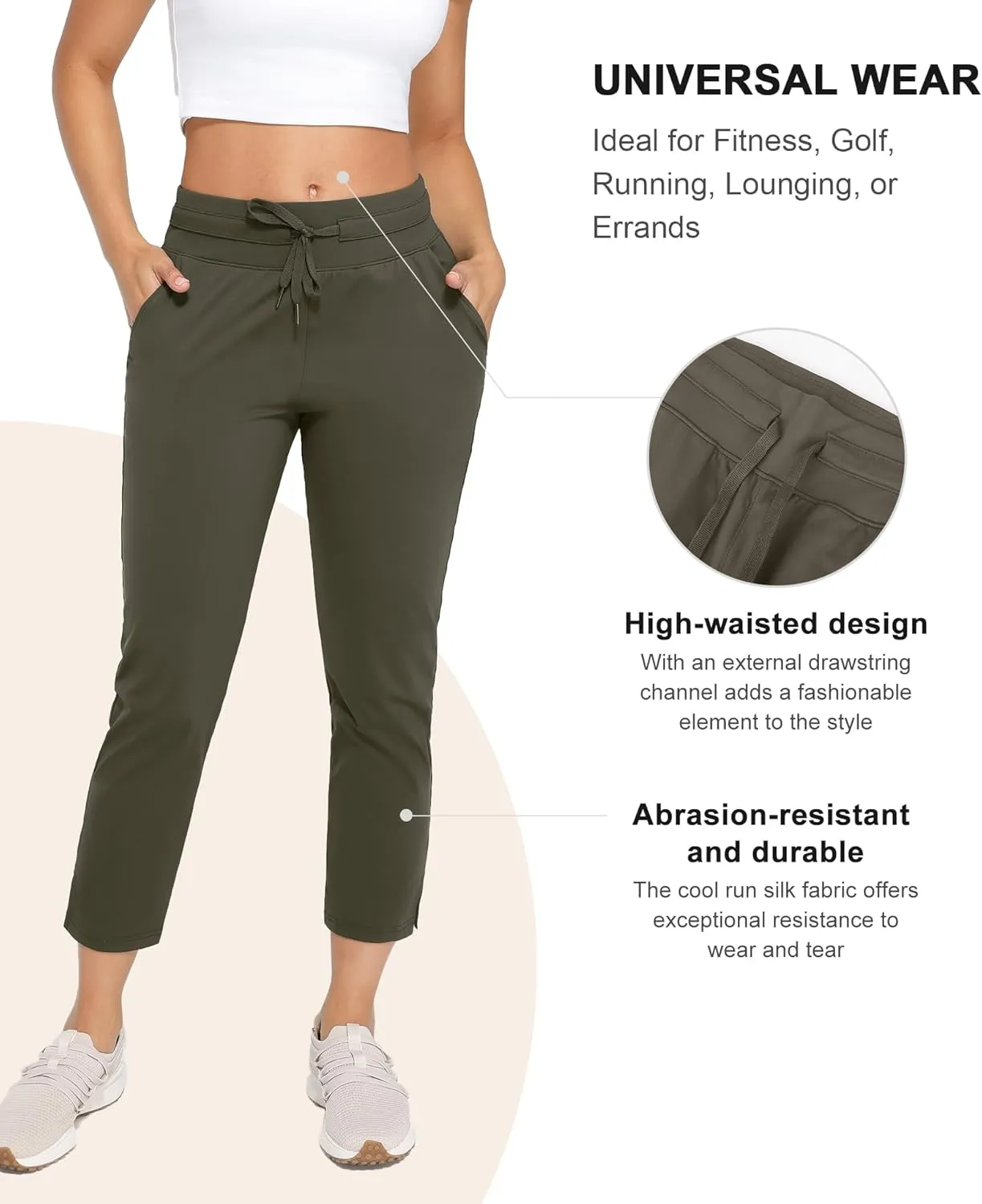 Women's Pants with Deep Pockets, 7/8 Stretch Ankle Sweatpants for Golf, Athletic, Lounge, Travel, Work