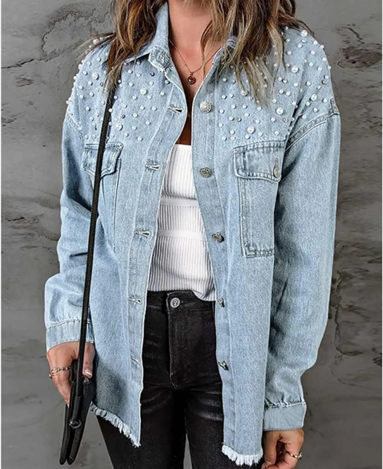 Women's Pearls Denim Jacket Casual Pearls Beading Button Jean Coat for Women