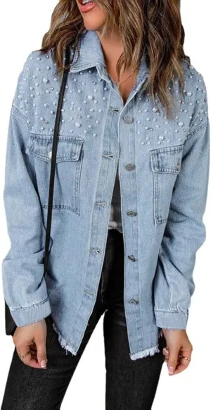 Women's Pearls Denim Jacket Casual Pearls Beading Button Jean Coat for Women