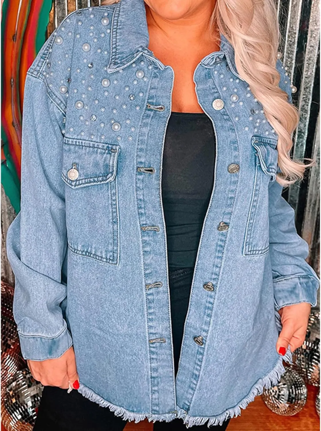 Women's Pearls Denim Jacket Casual Pearls Beading Button Jean Coat for Women