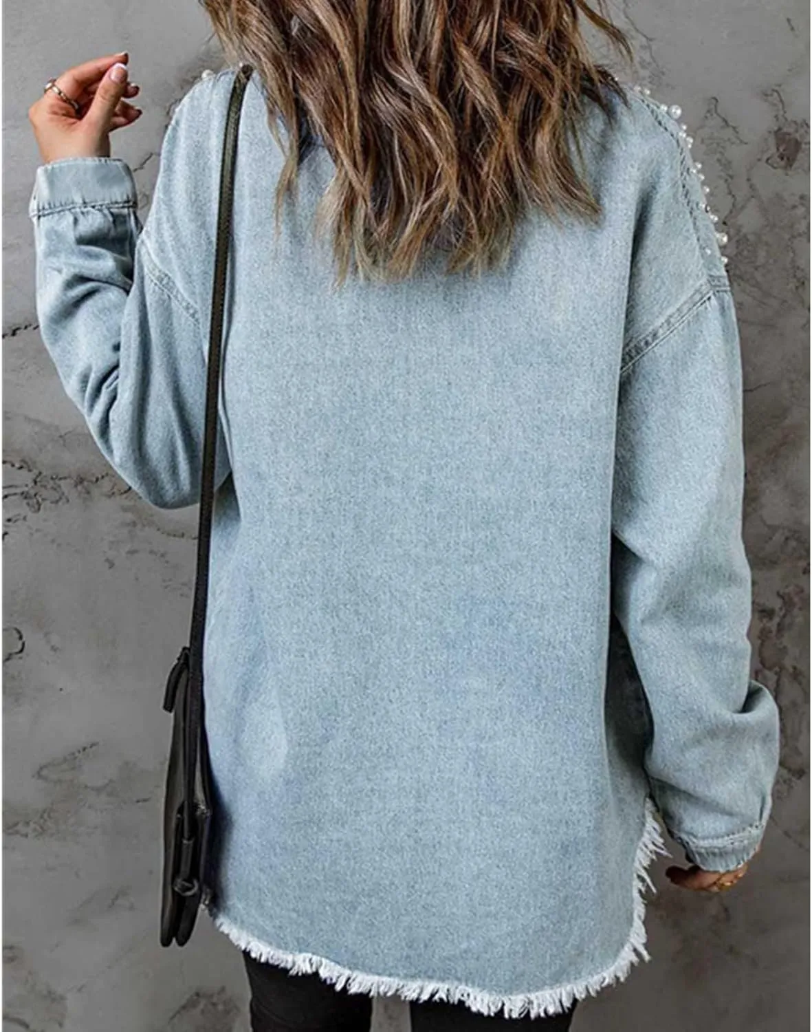 Women's Pearls Denim Jacket Casual Pearls Beading Button Jean Coat for Women