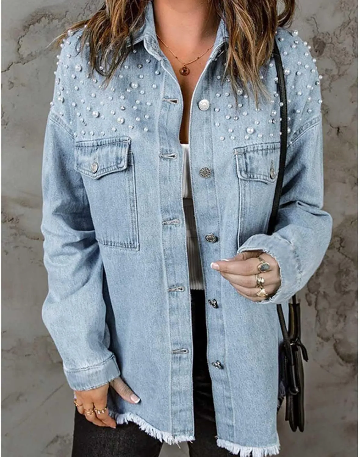 Women's Pearls Denim Jacket Casual Pearls Beading Button Jean Coat for Women