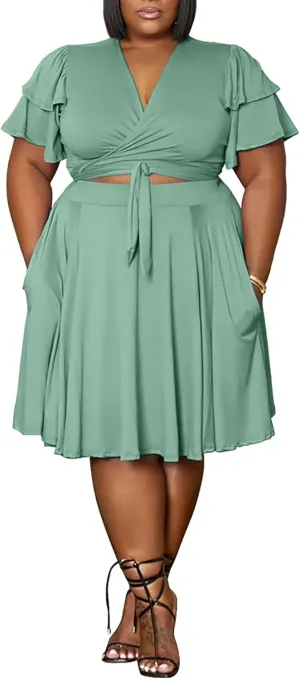 Womens Plus Size 2 Piece Dress Outfits Sexy Short Sleeve Bandage Wrap Empire Crop Tops and Swing Midi Sets