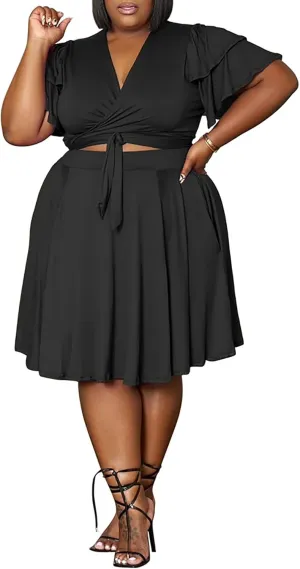 Womens Plus Size 2 Piece Dress Outfits Sexy Short Sleeve Bandage Wrap Empire Crop Tops and Swing Midi Sets