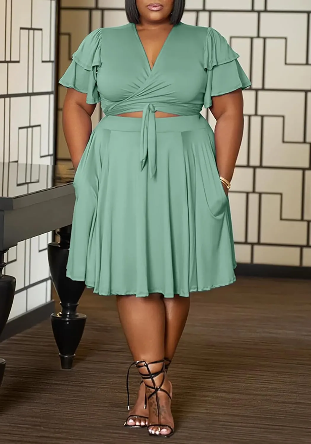 Womens Plus Size 2 Piece Dress Outfits Sexy Short Sleeve Bandage Wrap Empire Crop Tops and Swing Midi Sets
