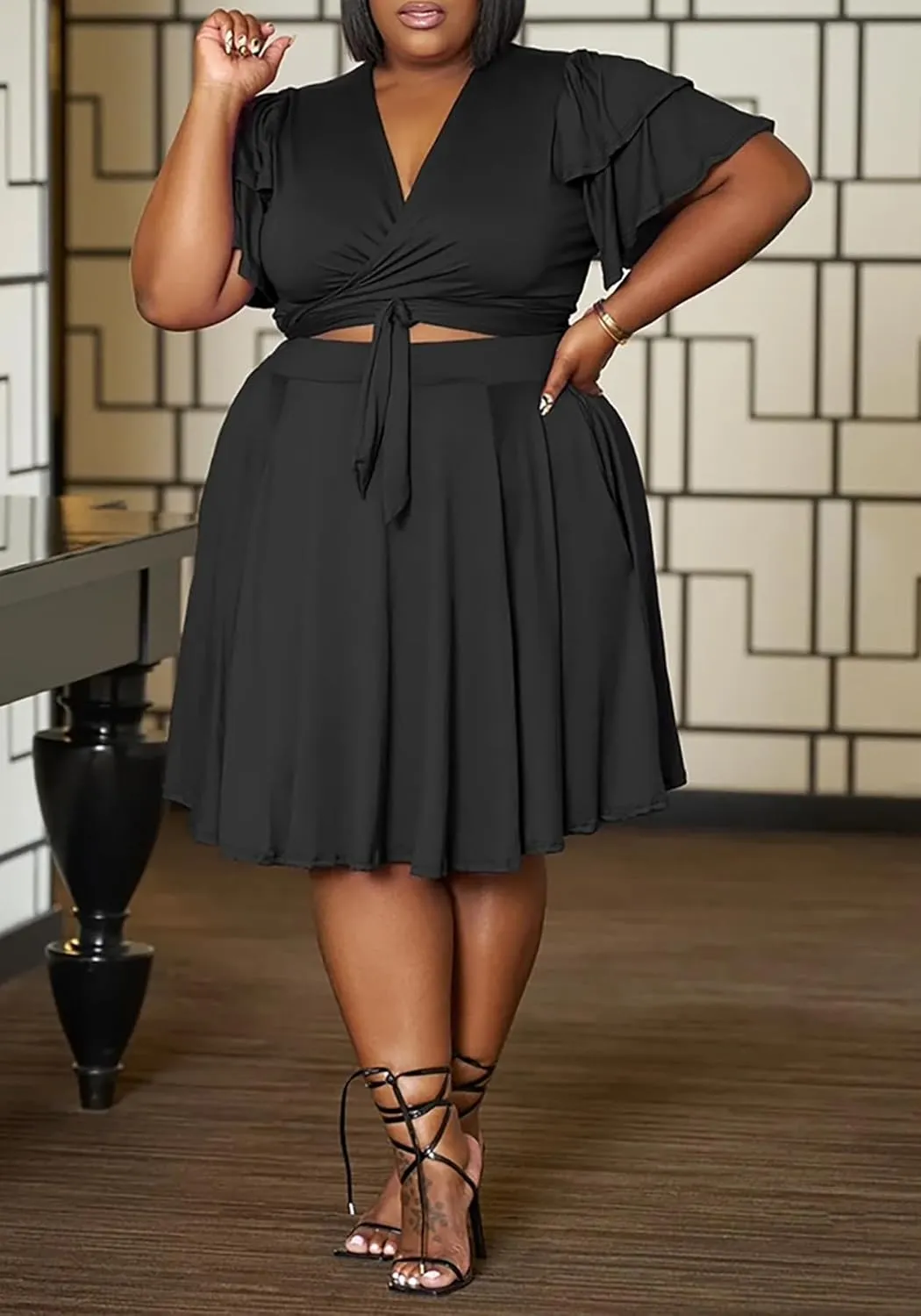 Womens Plus Size 2 Piece Dress Outfits Sexy Short Sleeve Bandage Wrap Empire Crop Tops and Swing Midi Sets