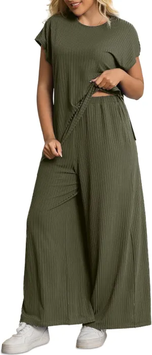 Women's Plus Size 2 Piece Lounge Set Summer Cap Sleeve Top Wide Leg Pants Matching Set Sweatsuits Outfits Tracksuit