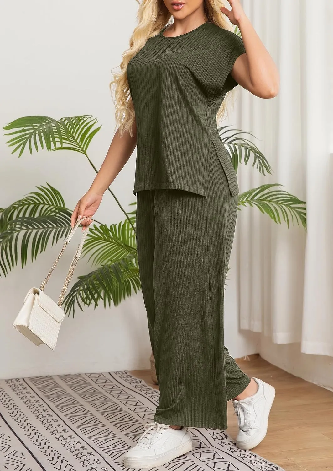 Women's Plus Size 2 Piece Lounge Set Summer Cap Sleeve Top Wide Leg Pants Matching Set Sweatsuits Outfits Tracksuit