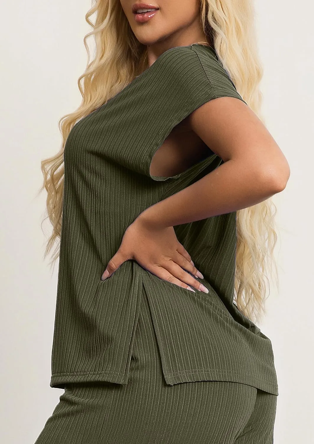 Women's Plus Size 2 Piece Lounge Set Summer Cap Sleeve Top Wide Leg Pants Matching Set Sweatsuits Outfits Tracksuit