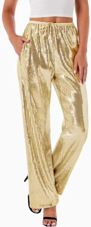Women's Sequin Pants Shiny Sparkly Party Club Night Out Metallic Casual Wide Leg Pants Trousers