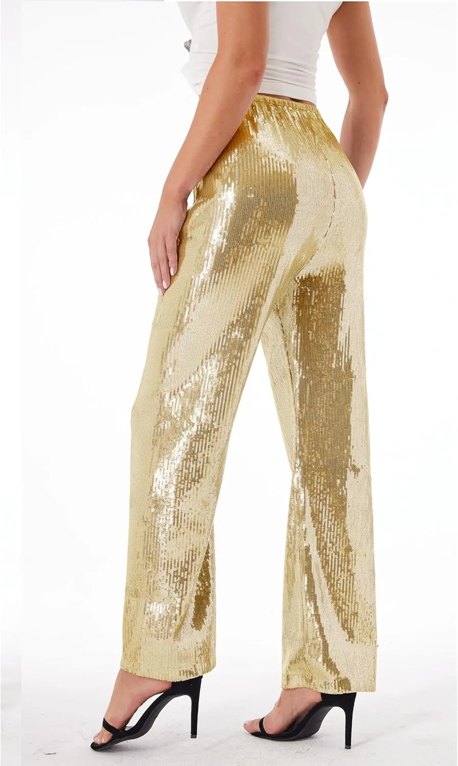 Women's Sequin Pants Shiny Sparkly Party Club Night Out Metallic Casual Wide Leg Pants Trousers