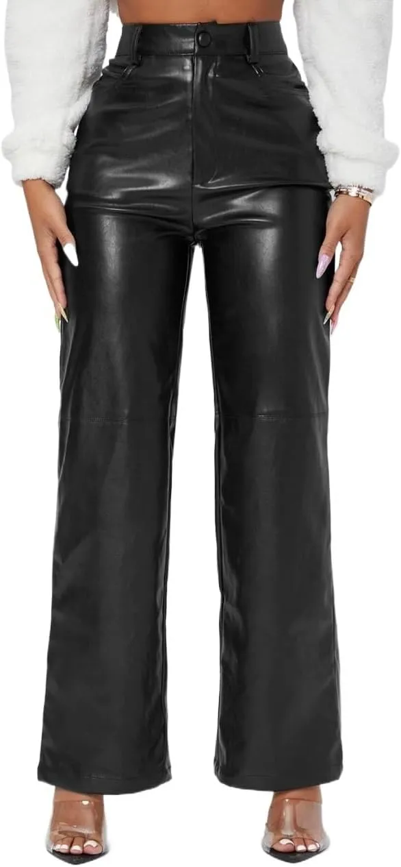 Womens Solid High Waist Straight Leg PU Leather Going Out Pants Zipper Button Long Pant Trousers For Women