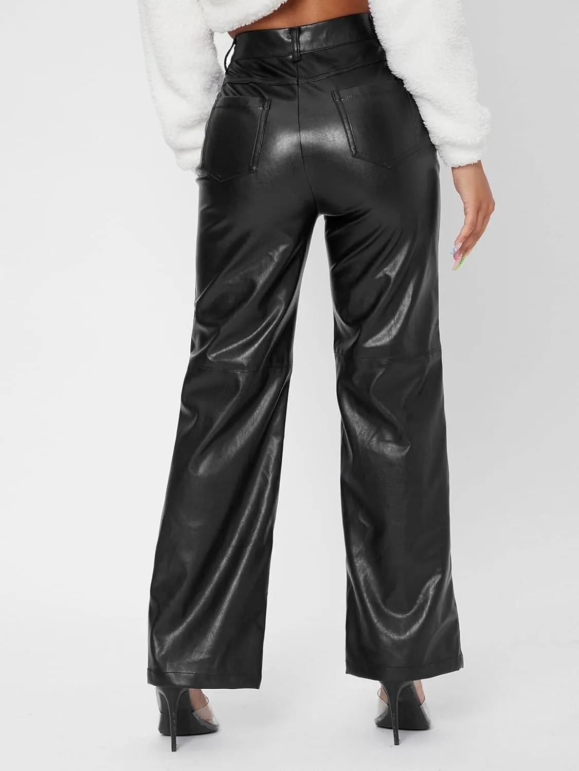 Womens Solid High Waist Straight Leg PU Leather Going Out Pants Zipper Button Long Pant Trousers For Women