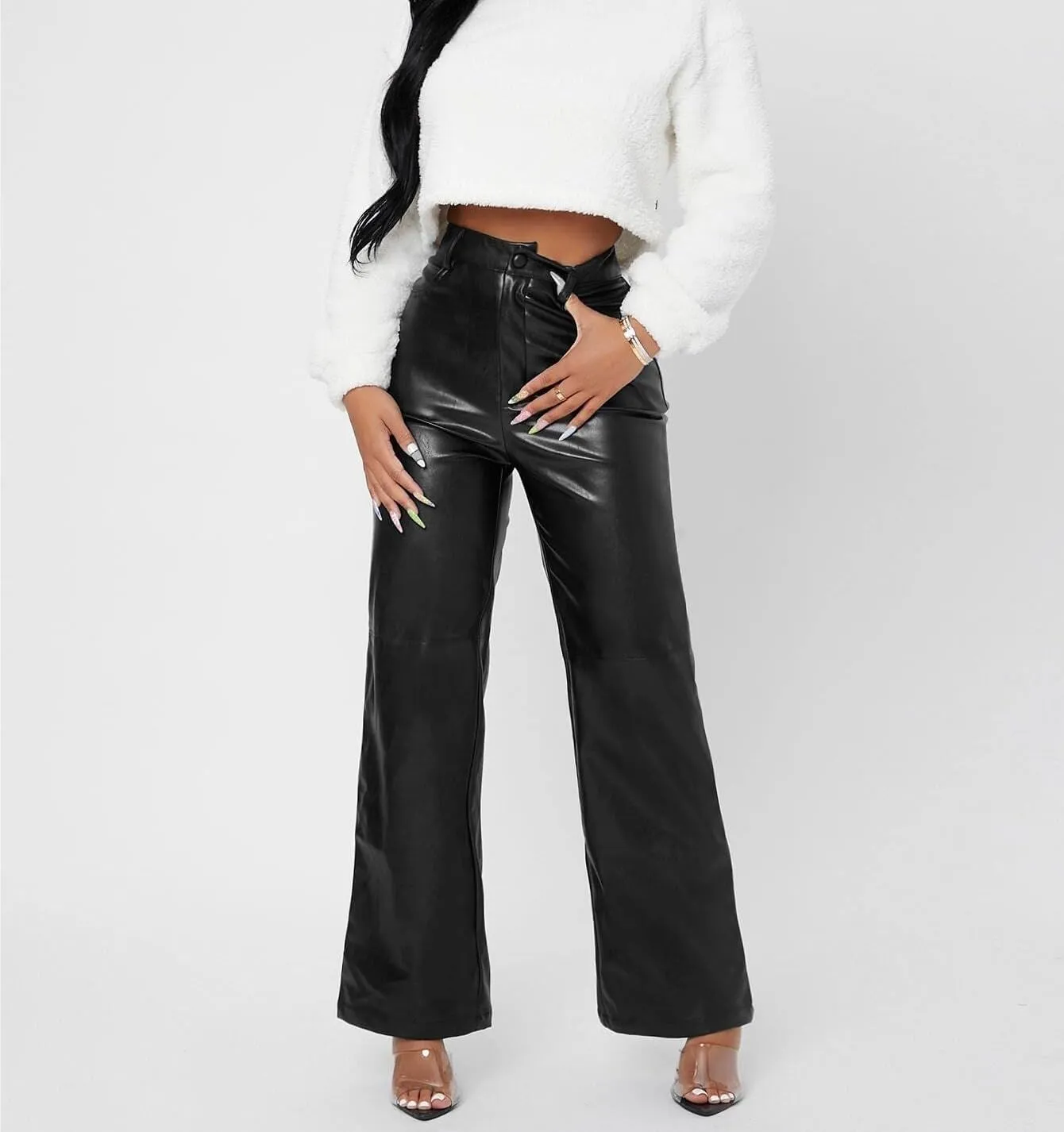 Womens Solid High Waist Straight Leg PU Leather Going Out Pants Zipper Button Long Pant Trousers For Women
