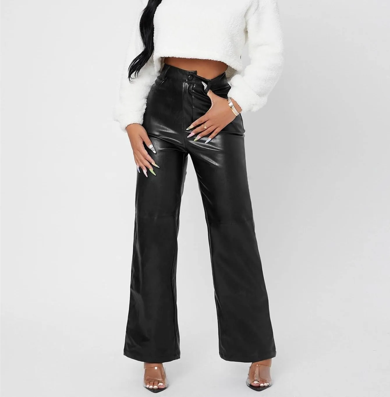 Womens Solid High Waist Straight Leg PU Leather Going Out Pants Zipper Button Long Pant Trousers For Women