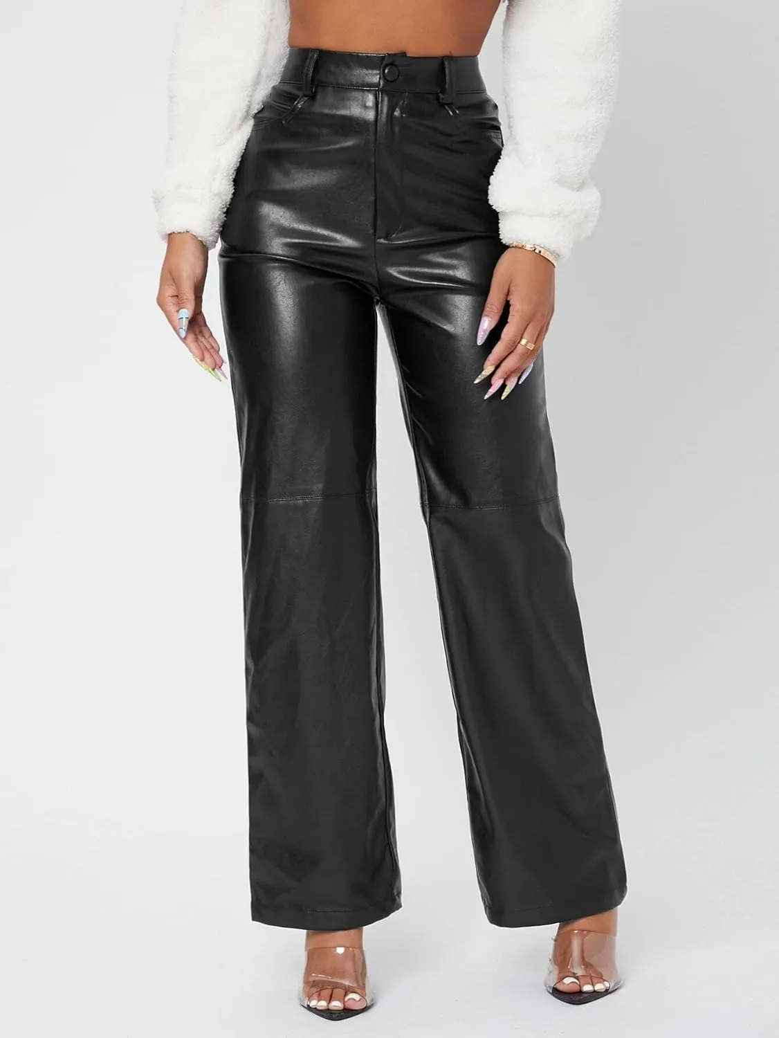 Womens Solid High Waist Straight Leg PU Leather Going Out Pants Zipper Button Long Pant Trousers For Women