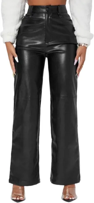 Womens Solid High Waist Straight Leg PU Leather Going Out Pants Zipper Button Long Pant Trousers For Women