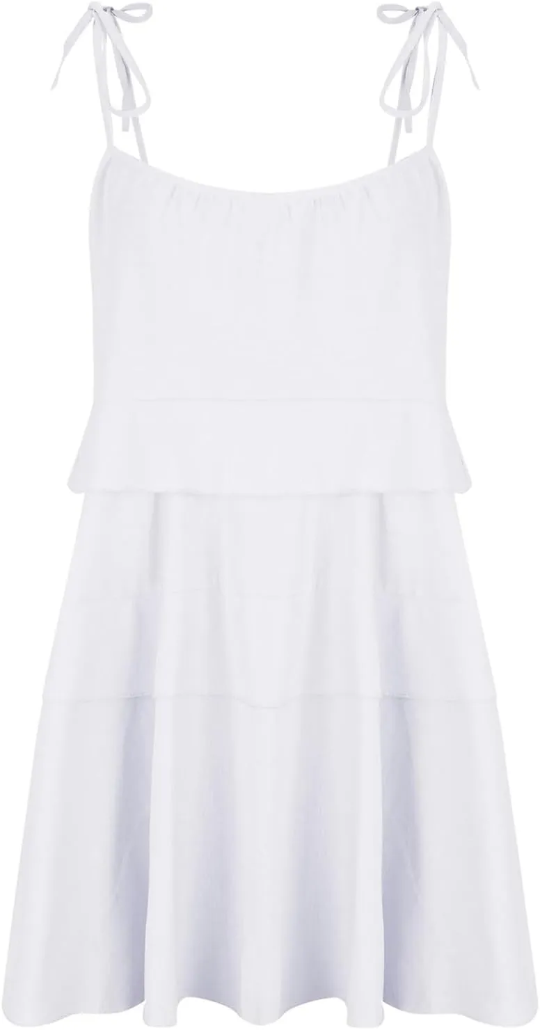 Womens Spaghetti Straps Ruffle Mini Dress Square Neck Sleeveless Babydoll Dress Flowy Summer Beach Dresses