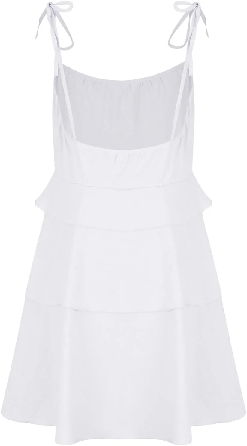 Womens Spaghetti Straps Ruffle Mini Dress Square Neck Sleeveless Babydoll Dress Flowy Summer Beach Dresses