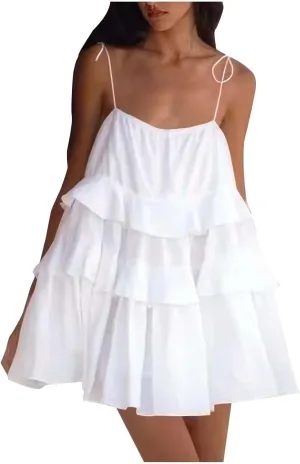 Womens Spaghetti Straps Ruffle Mini Dress Square Neck Sleeveless Babydoll Dress Flowy Summer Beach Dresses