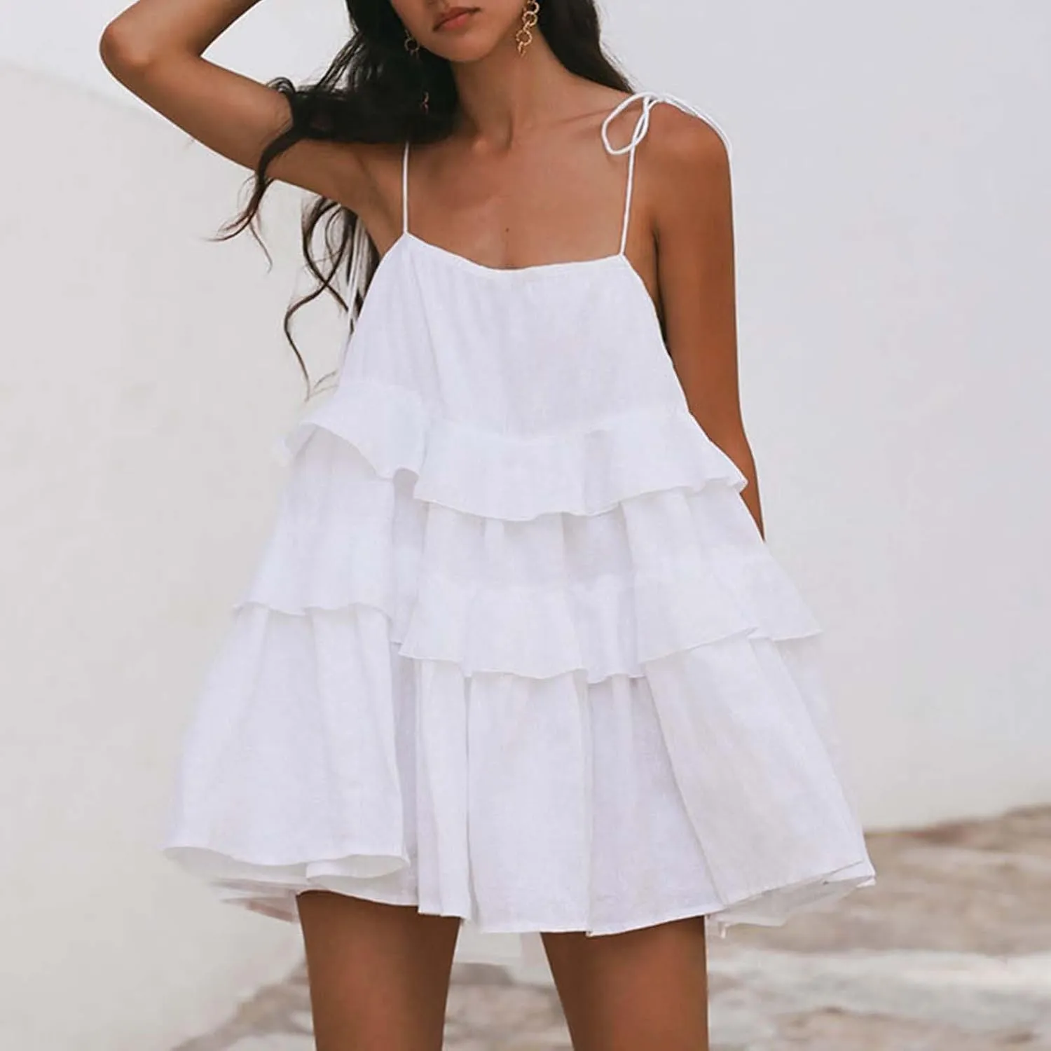 Womens Spaghetti Straps Ruffle Mini Dress Square Neck Sleeveless Babydoll Dress Flowy Summer Beach Dresses
