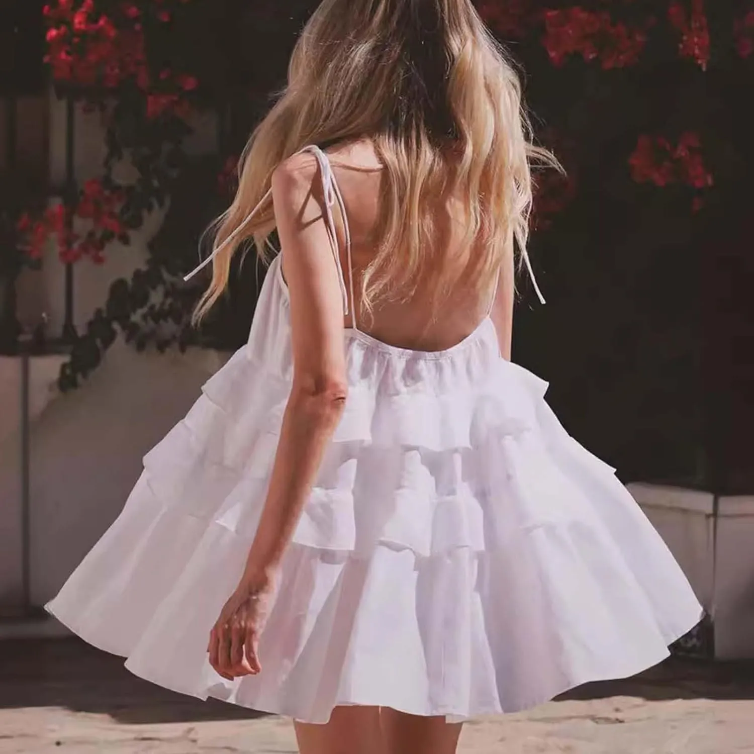 Womens Spaghetti Straps Ruffle Mini Dress Square Neck Sleeveless Babydoll Dress Flowy Summer Beach Dresses