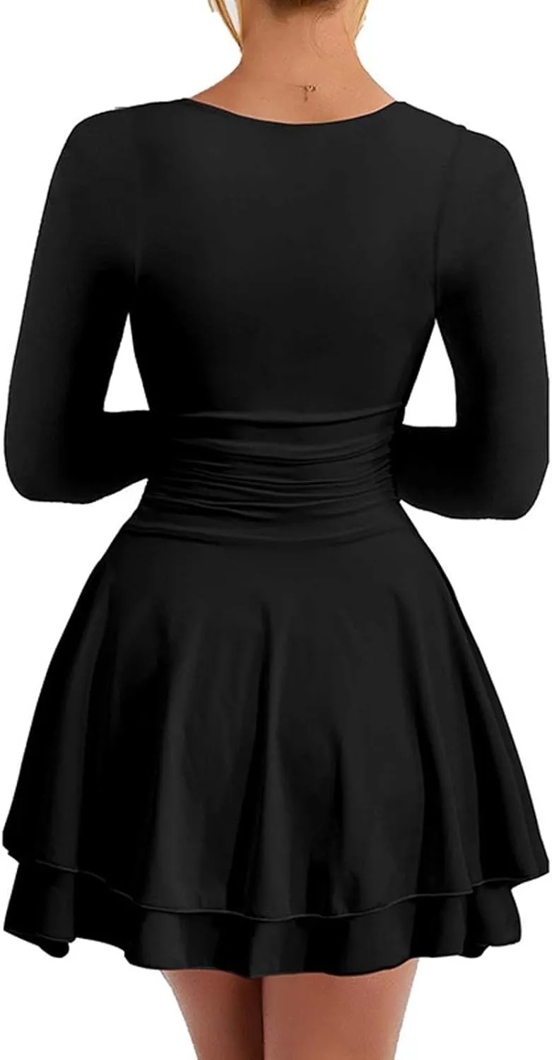 Women's Square Neck Ruffle Hem Mini Dress Ruched Waist Long Sleeve Corset Short Party Dresses 2025