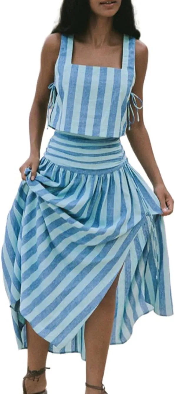 Women's Striped 2 Piece Square Neck Sleeveless Tank Tops and Long Slit Skirt Set Summer Beach Vacation Skirt Set