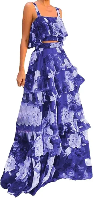 Women's Summer 2 Piece Outfits Floral Print Strap Crop Tops Tiered Ruffle Skirt Sets Boho Beach Maxi Long Dress