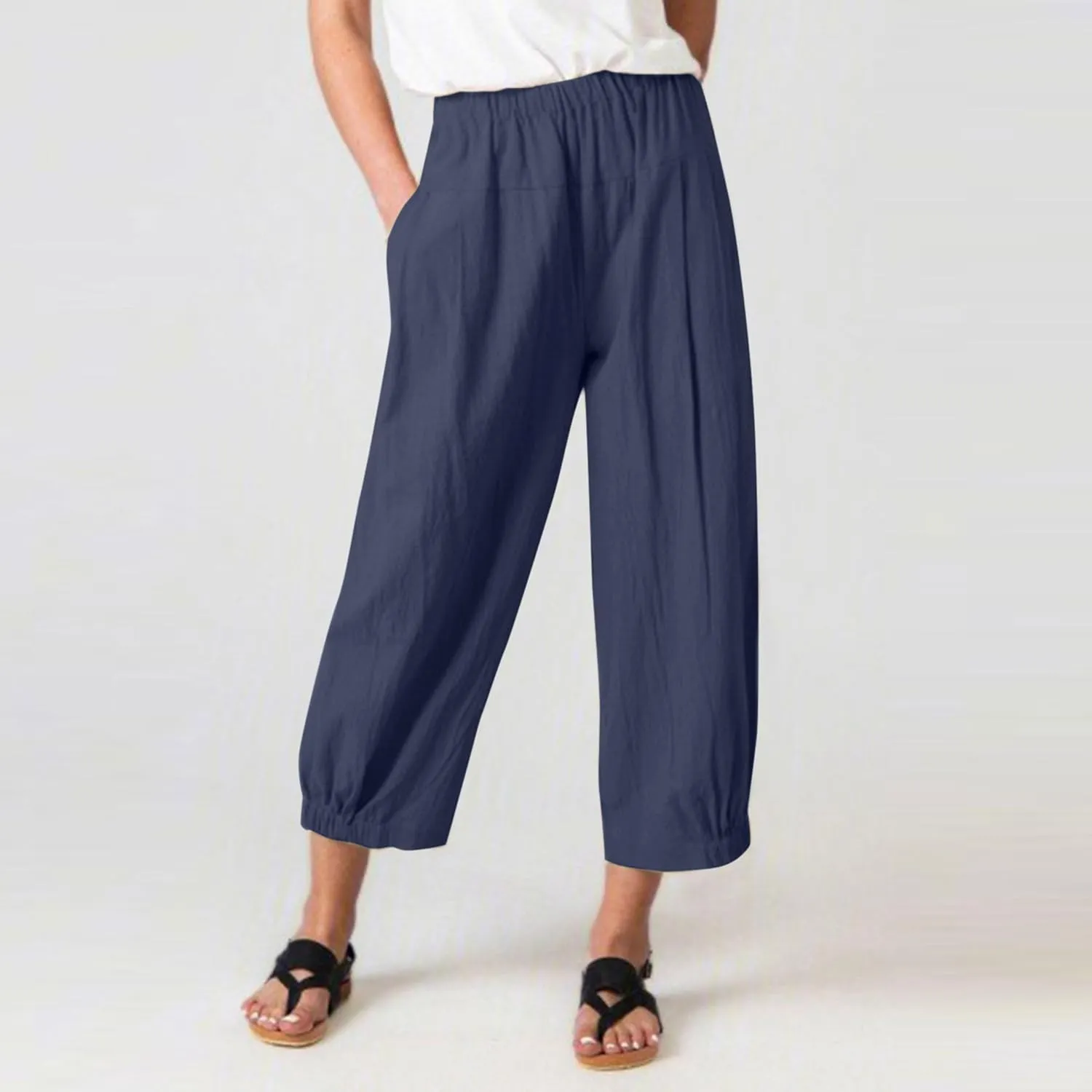 Women's Summer Linen Pants High Waisted Drawstring Printed Bohemian Capris Trousers