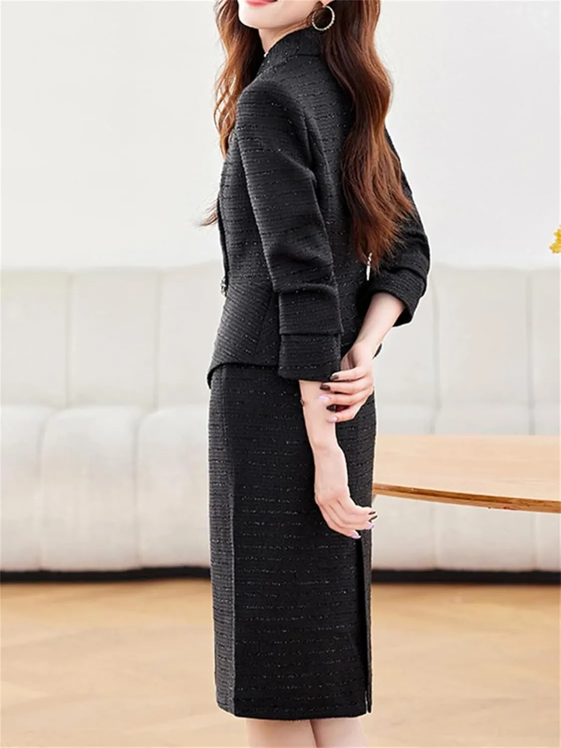 Women's Tweed Blazer Suit Jacket with Pencil Skirt 2 Piece Set Elegant Outfit Office Lady Plus Size Blazer Suit