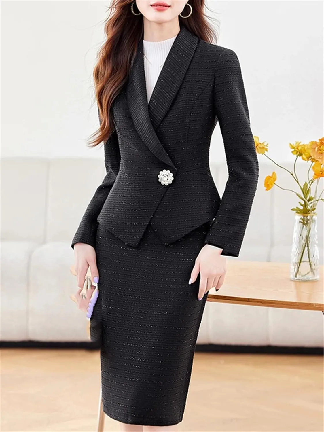 Women's Tweed Blazer Suit Jacket with Pencil Skirt 2 Piece Set Elegant Outfit Office Lady Plus Size Blazer Suit