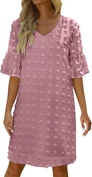 Womens V Neck Casual Vacation Dress Short Sleeve Smocked Swiss Dot Swing Ruffle Mini Beach Summer Dresses 2025 Trendy